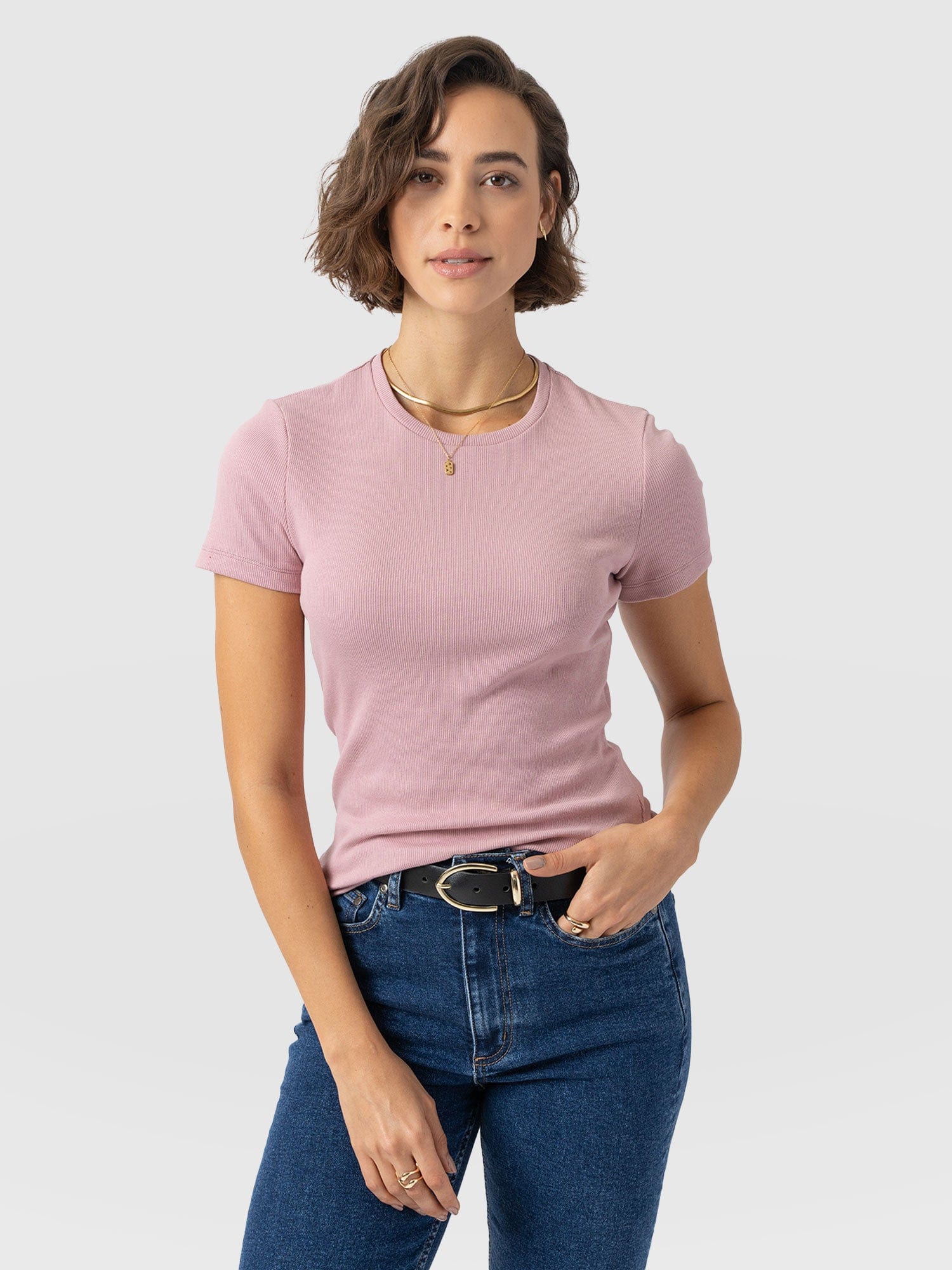 Ribbed Short Sleeve Tee - Pale Pink